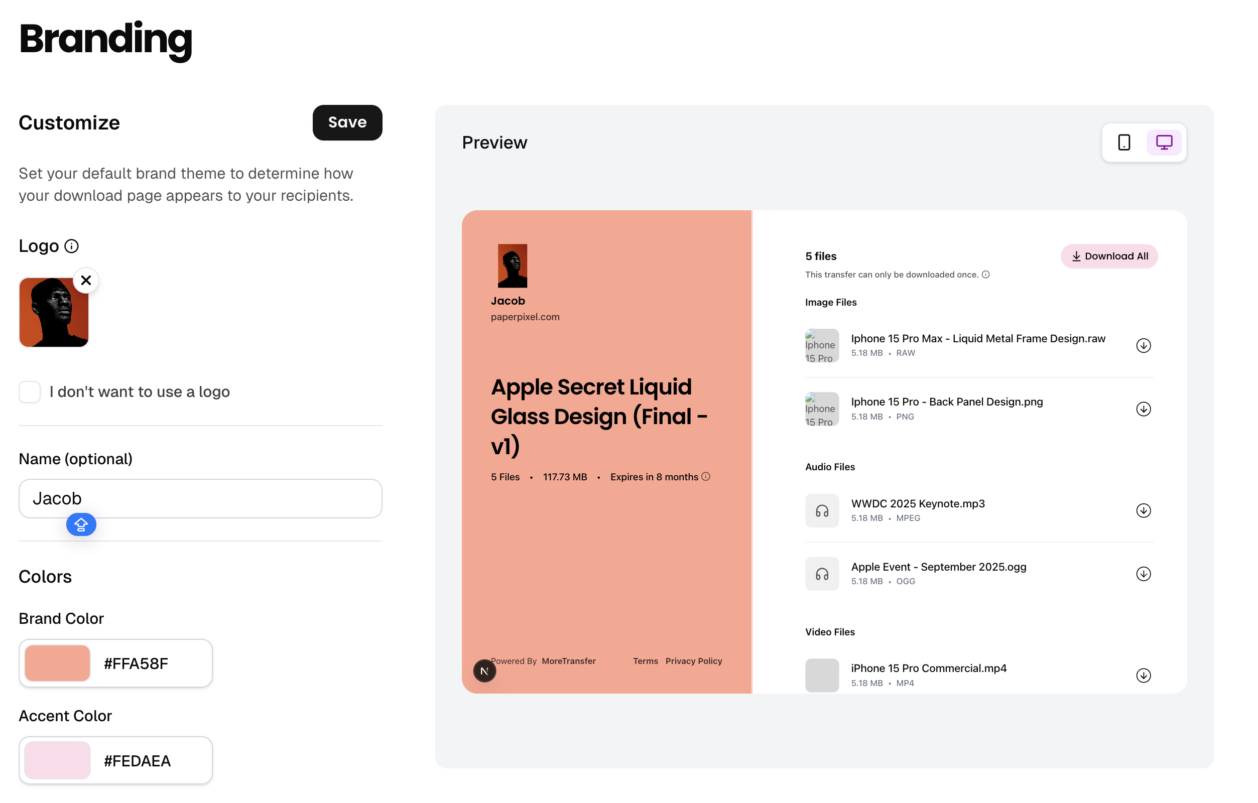 Branding live preview